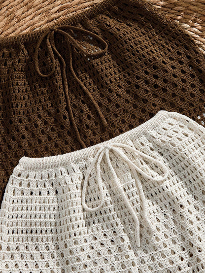 Women's Knitted Crochet Hollow Sexy Top & Skirt (Brown, Apricot) 2 Pieces Set Combination Multi-Piece Outfit