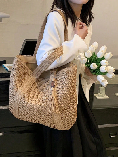 Women's Large Capacity Straw Vacation Beach Bag, Woven With Tassels, Shoulder Handbag Wallet, Casual Fashion Travel Bag