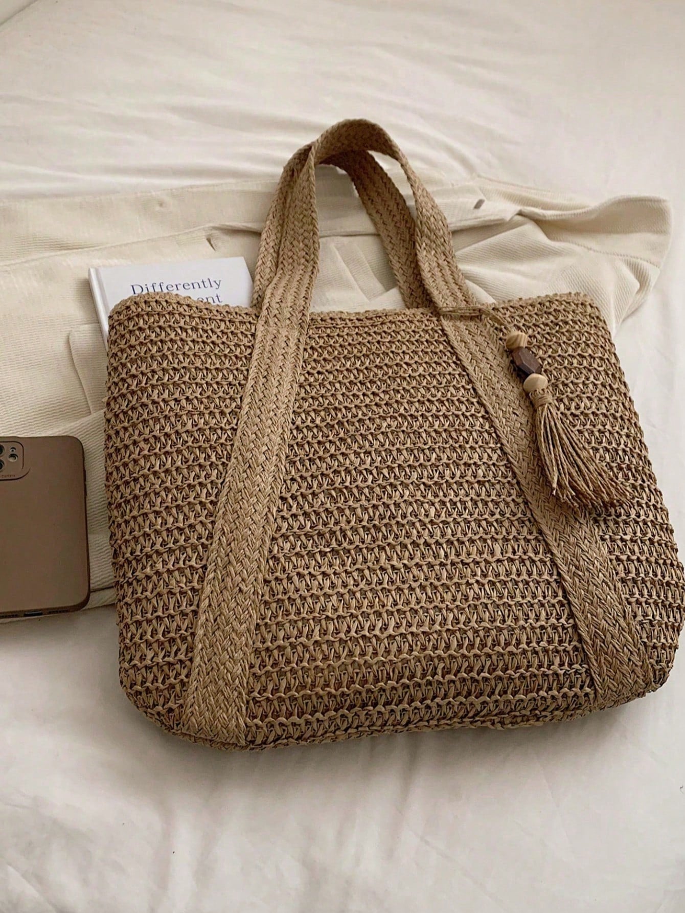 Women's Large Capacity Straw Vacation Beach Bag, Woven With Tassels, Shoulder Handbag Wallet, Casual Fashion Travel Bag