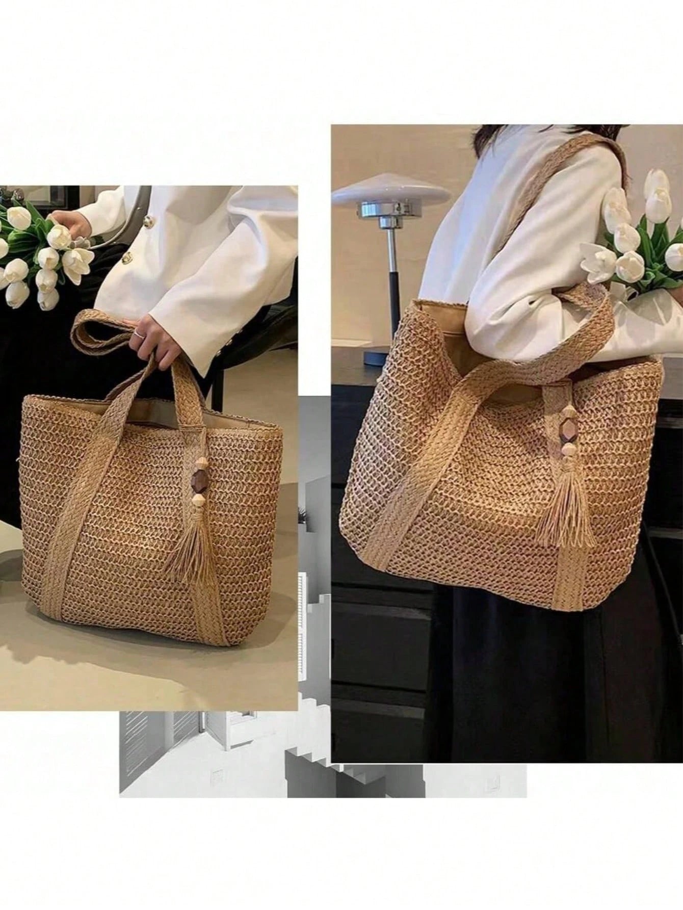 Women's Large Capacity Straw Vacation Beach Bag, Woven With Tassels, Shoulder Handbag Wallet, Casual Fashion Travel Bag