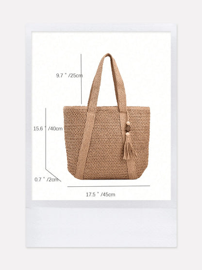 Women's Large Capacity Straw Vacation Beach Bag, Woven With Tassels, Shoulder Handbag Wallet, Casual Fashion Travel Bag