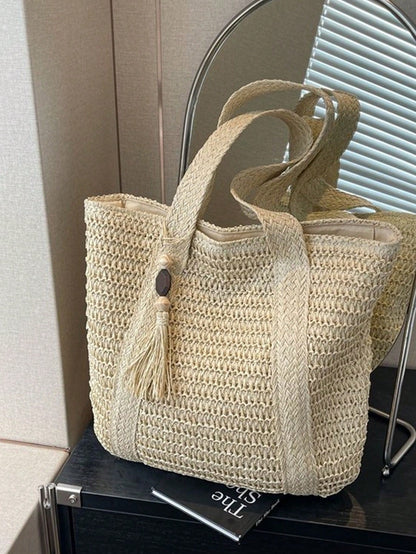 Women's Large Capacity Straw Vacation Beach Bag, Woven With Tassels, Shoulder Handbag Wallet, Casual Fashion Travel Bag