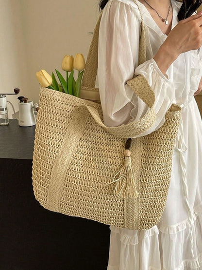 Women's Large Capacity Straw Vacation Beach Bag, Woven With Tassels, Shoulder Handbag Wallet, Casual Fashion Travel Bag