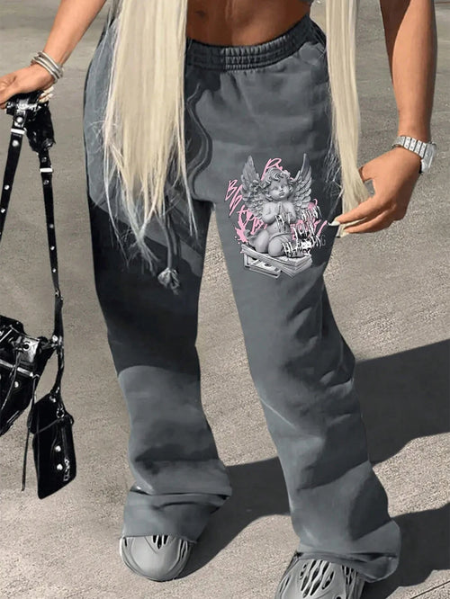 Women's Letter & Angel Print Drawstring Waist Straight Leg Sweatpants,Grey Casual Winter Date Outfits,Back To School Fall Cloth,Teacher Graduation