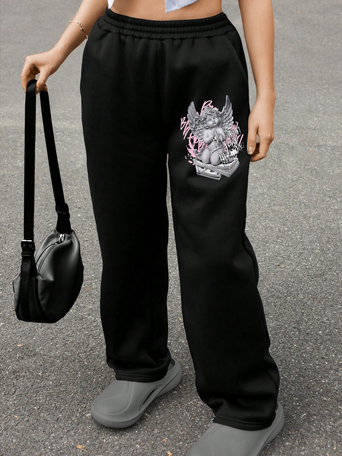 Women's Letter & Angel Print Drawstring Waist Straight Leg Sweatpants,Grey Casual Winter Date Outfits,Back To School Fall Cloth,Teacher Graduation