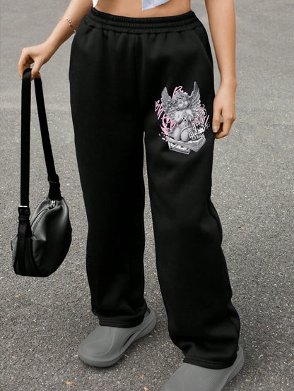 Women's Letter & Angel Print Drawstring Waist Straight Leg Sweatpants,Grey Casual Winter Date Outfits,Back To School Fall Cloth,Teacher Graduation