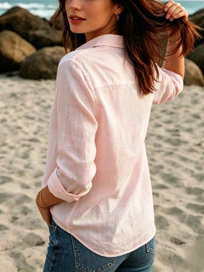 Women's Linen Casual Long Sleeve Open Front Shirt, White Lapel Loose Fit Beach Top Pink