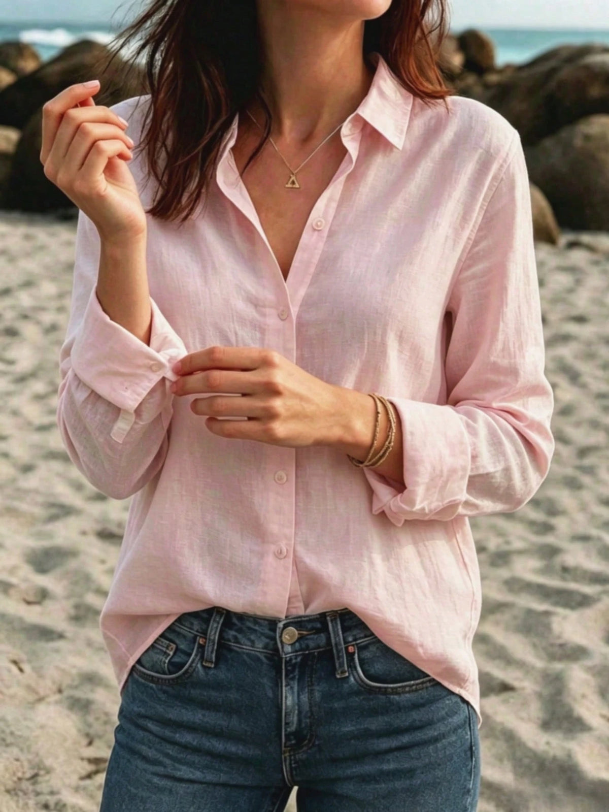 Women's Linen Casual Long Sleeve Open Front Shirt, White Lapel Loose Fit Beach Top Pink