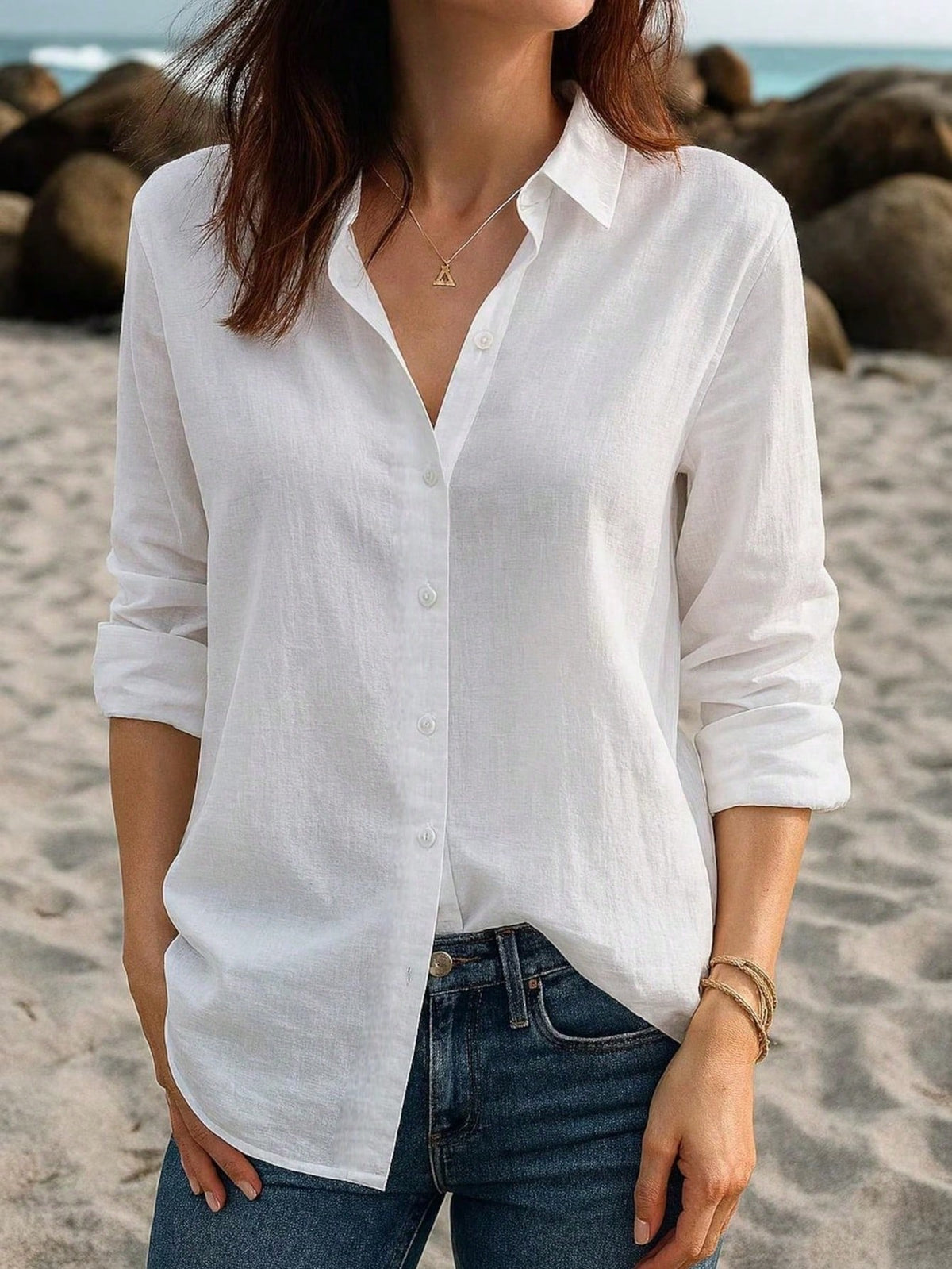 Women's Linen Casual Long Sleeve Open Front Shirt, White Lapel Loose Fit Beach Top Pink