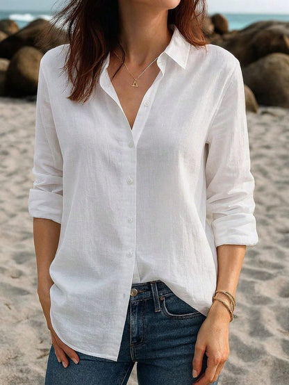 Women's Linen Casual Long Sleeve Open Front Shirt, White Lapel Loose Fit Beach Top Pink