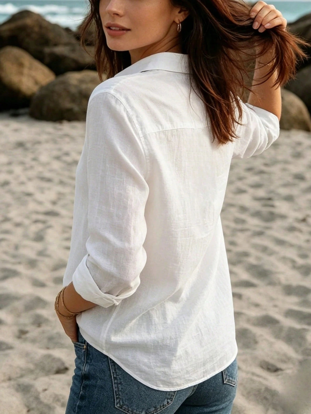 Women's Linen Casual Long Sleeve Open Front Shirt, White Lapel Loose Fit Beach Top Pink