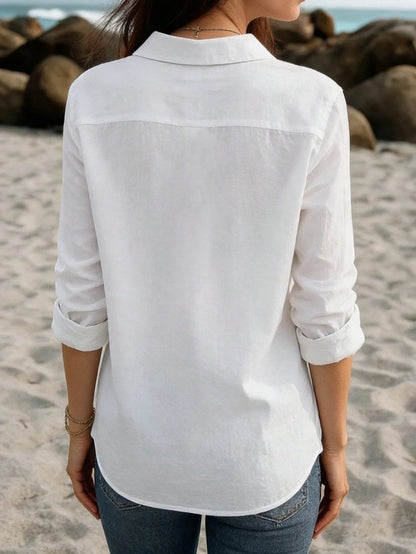 Women's Linen Casual Long Sleeve Open Front Shirt, White Lapel Loose Fit Beach Top Pink