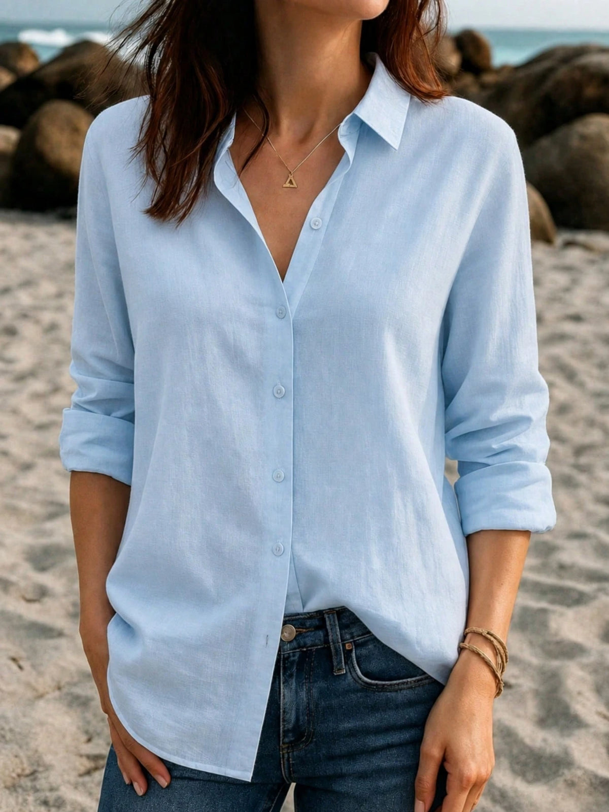 Women's Linen Casual Long Sleeve Open Front Shirt, White Lapel Loose Fit Beach Top Pink