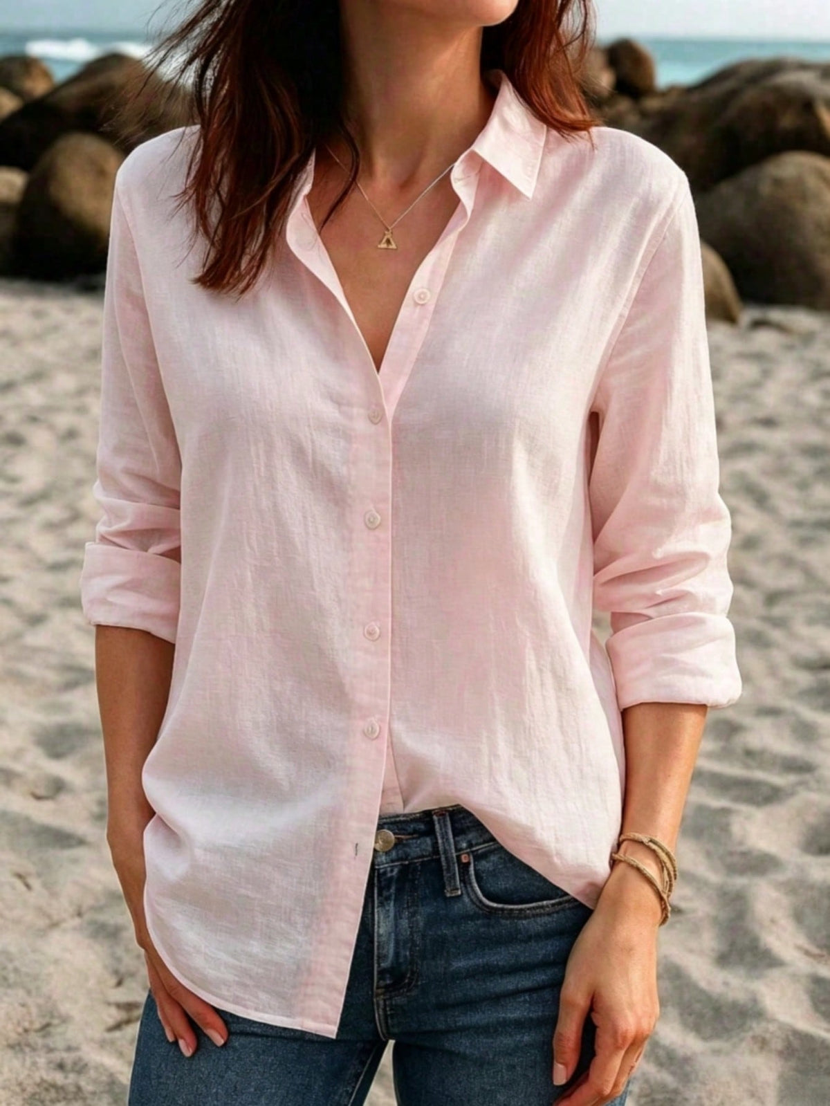 Women's Linen Casual Long Sleeve Open Front Shirt, White Lapel Loose Fit Beach Top Pink