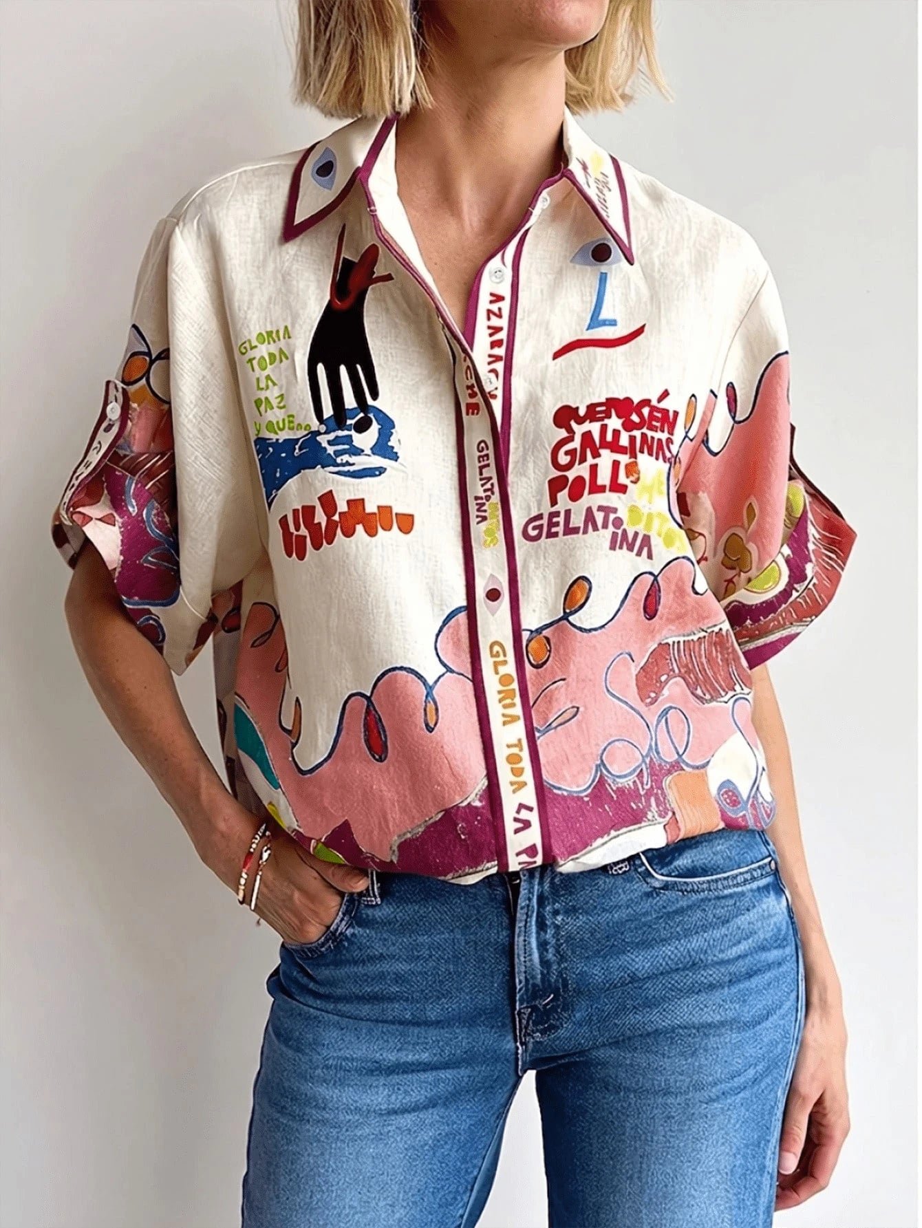 Women's Linen Shirt With Graffiti Print, Single-Breasted Multi-Button Design Summer