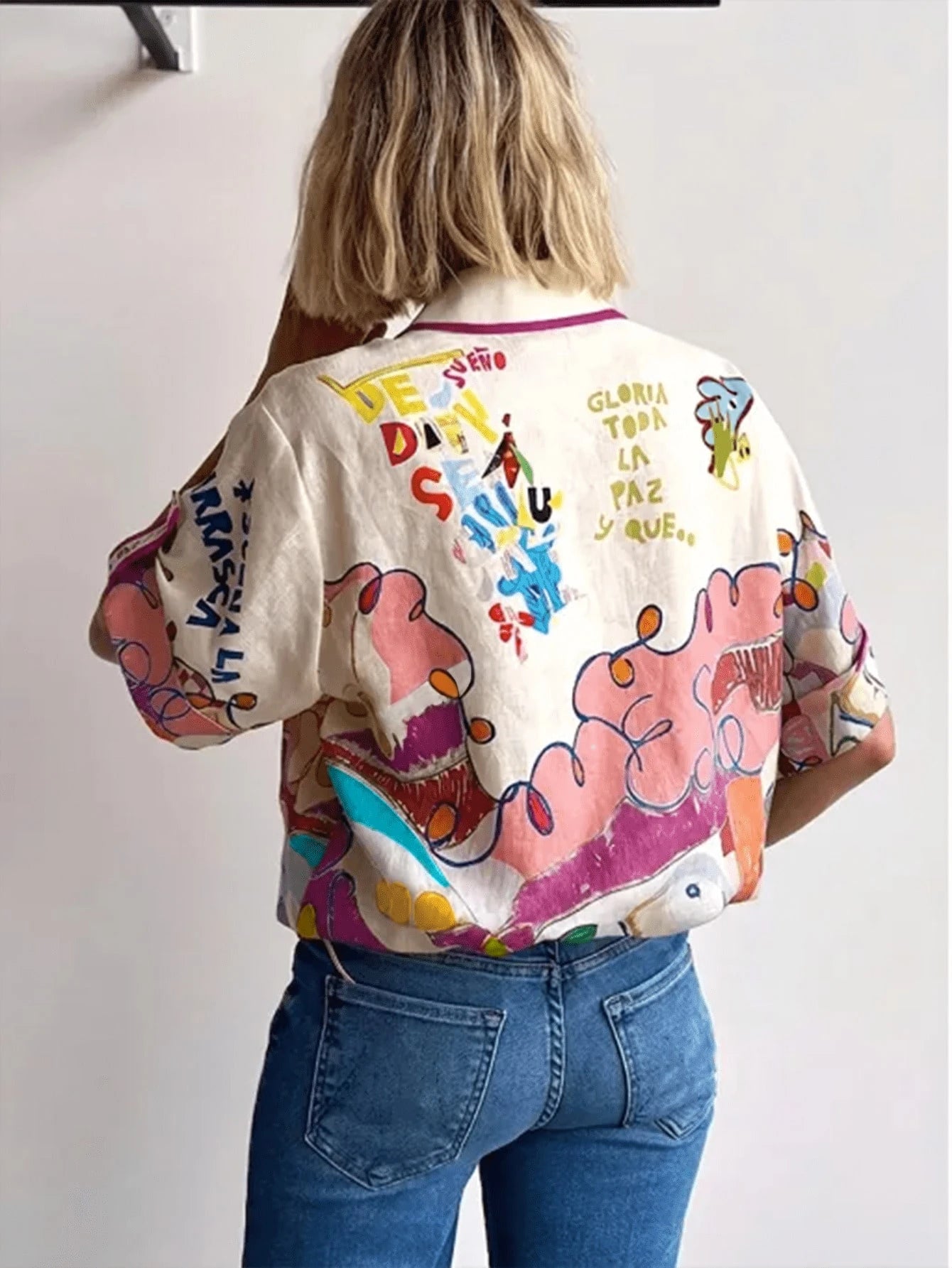 Women's Linen Shirt With Graffiti Print, Single-Breasted Multi-Button Design Summer
