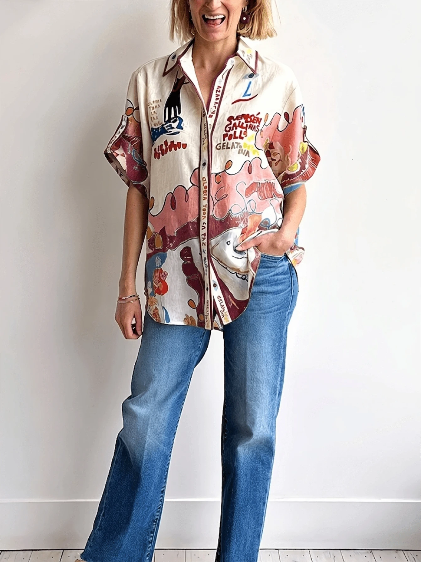 Women's Linen Shirt With Graffiti Print, Single-Breasted Multi-Button Design Summer