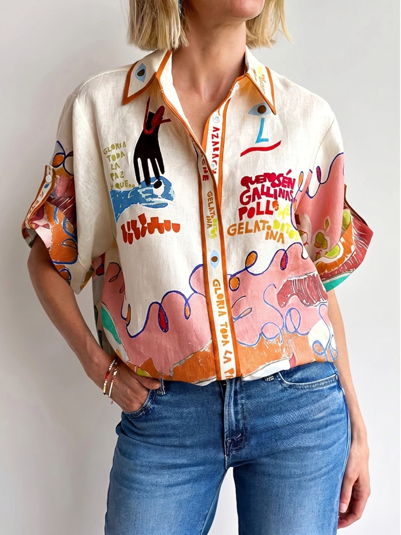 Women's Linen Shirt With Graffiti Print, Single-Breasted Multi-Button Design Summer