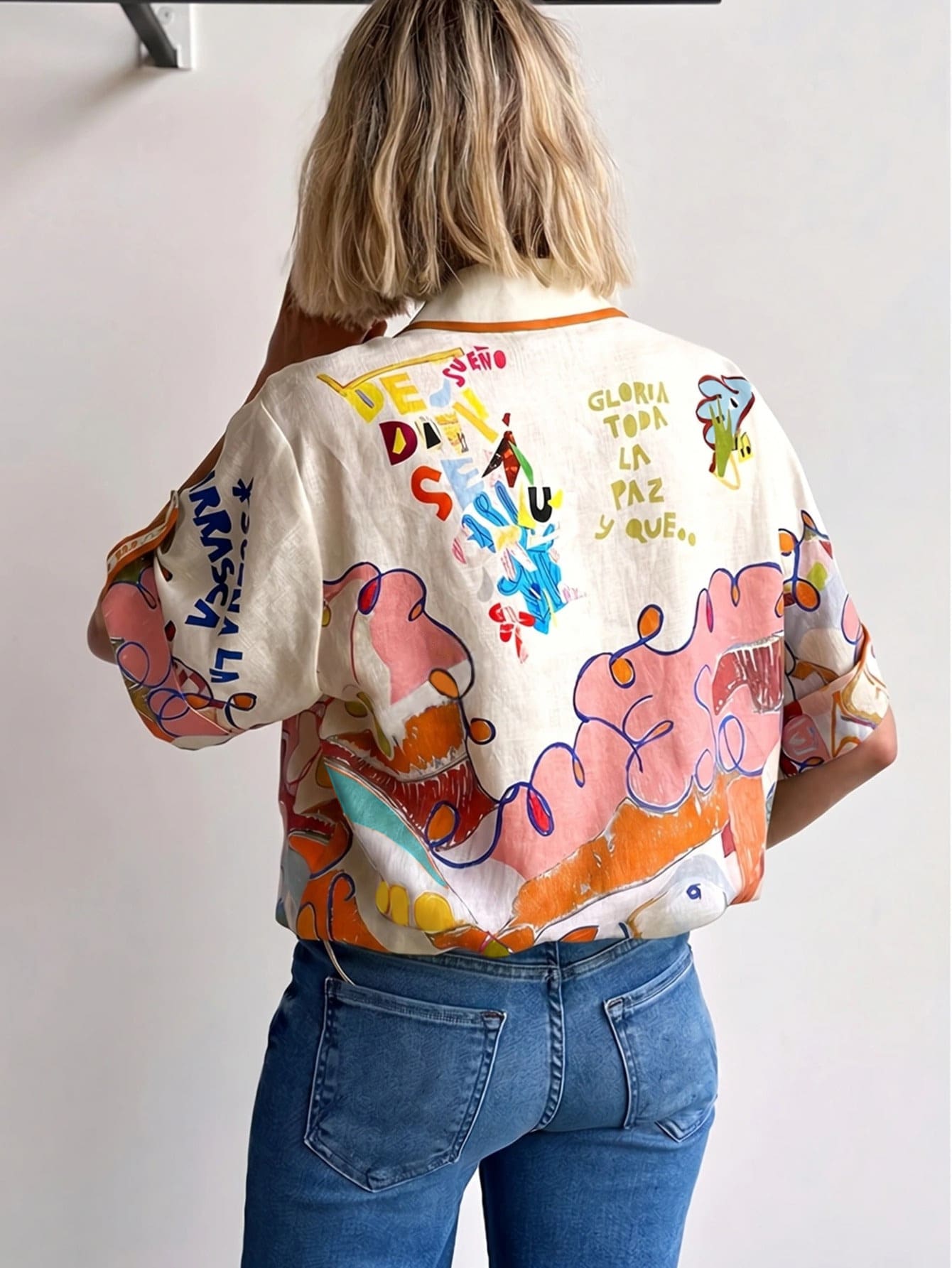 Women's Linen Shirt With Graffiti Print, Single-Breasted Multi-Button Design Summer