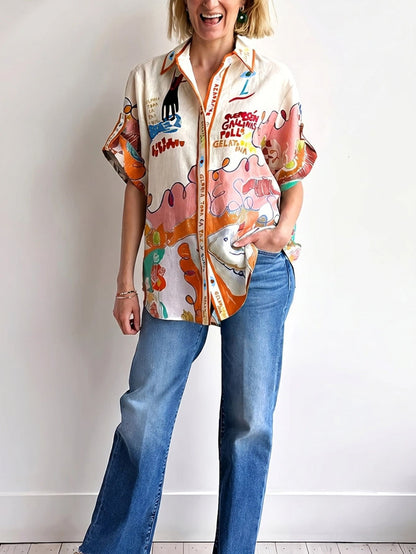 Women's Linen Shirt With Graffiti Print, Single-Breasted Multi-Button Design Summer