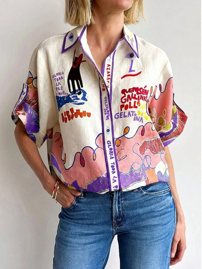 Women's Linen Shirt With Graffiti Print, Single-Breasted Multi-Button Design Summer