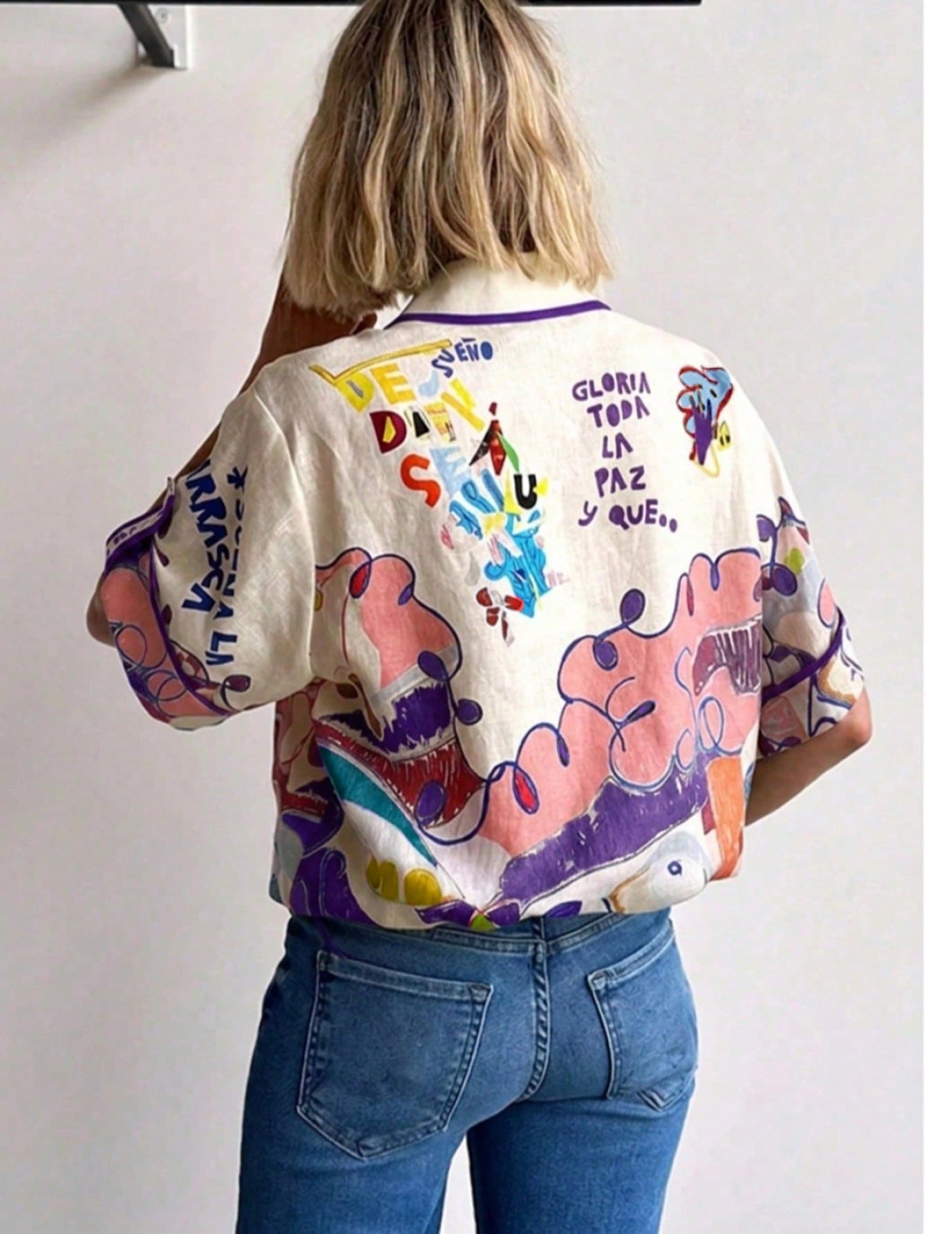 Women's Linen Shirt With Graffiti Print, Single-Breasted Multi-Button Design Summer