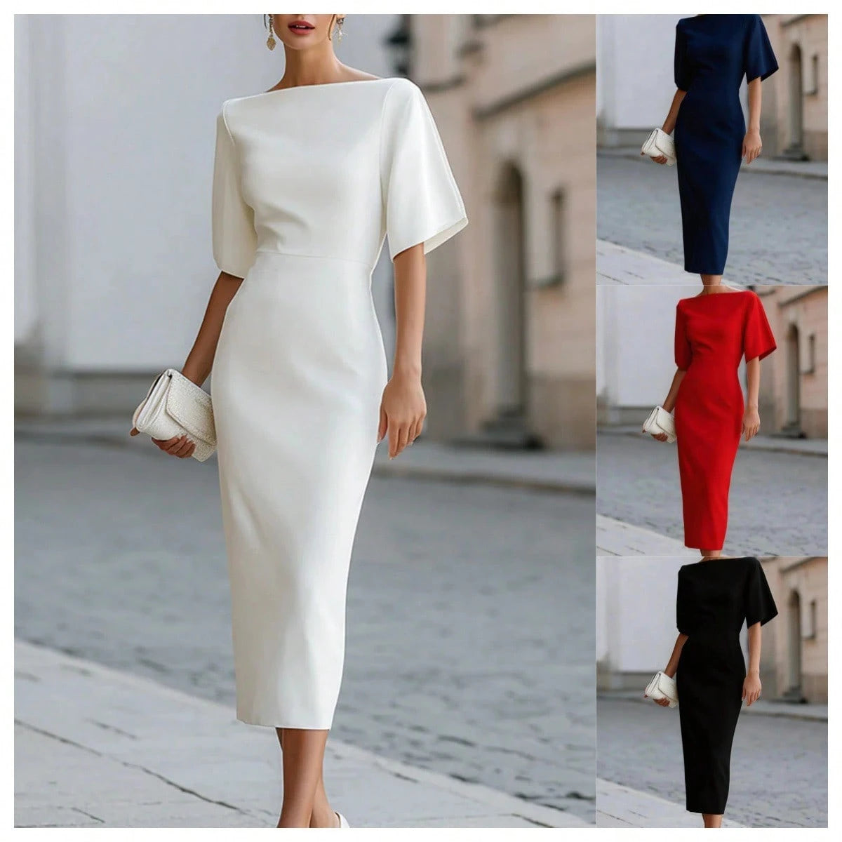 Women's Midi Dress, Boat Neck Short Sleeve Slim Fit Sheath Dress, Minimalist Elegant Office Commuter Wedding Guest Cocktail Evening Dress For Spring S