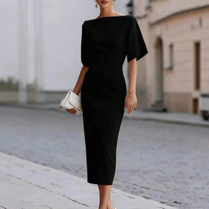 Women's Midi Dress, Boat Neck Short Sleeve Slim Fit Sheath Dress, Minimalist Elegant Office Commuter Wedding Guest Cocktail Evening Dress For Spring S