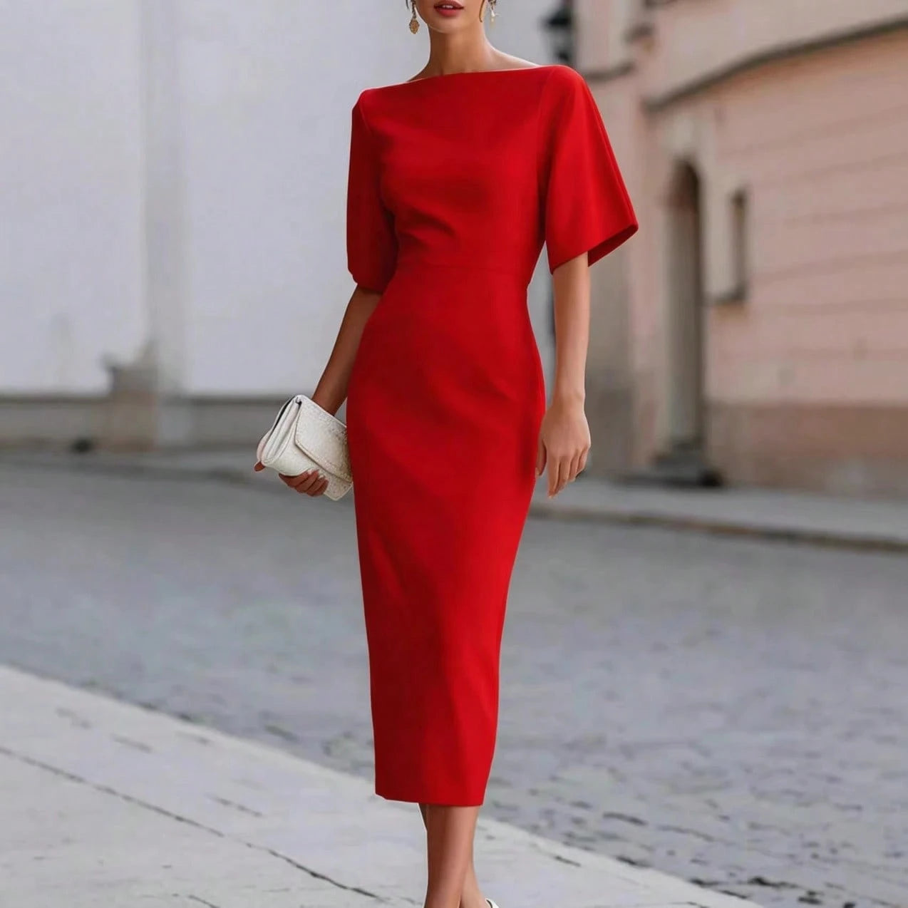 Women's Midi Dress, Boat Neck Short Sleeve Slim Fit Sheath Dress, Minimalist Elegant Office Commuter Wedding Guest Cocktail Evening Dress For Spring S