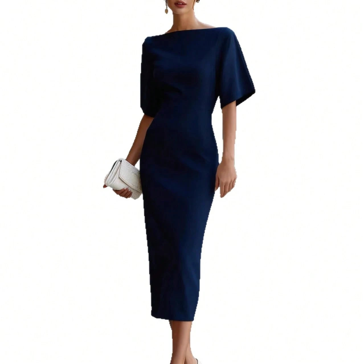 Women's Midi Dress, Boat Neck Short Sleeve Slim Fit Sheath Dress, Minimalist Elegant Office Commuter Wedding Guest Cocktail Evening Dress For Spring S
