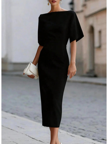 Women's Midi Dress, Boat Neck Short Sleeve Slim Fit Sheath Dress, Minimalist Elegant Office Commuter Wedding Guest Cocktail Evening Dress For Spring S