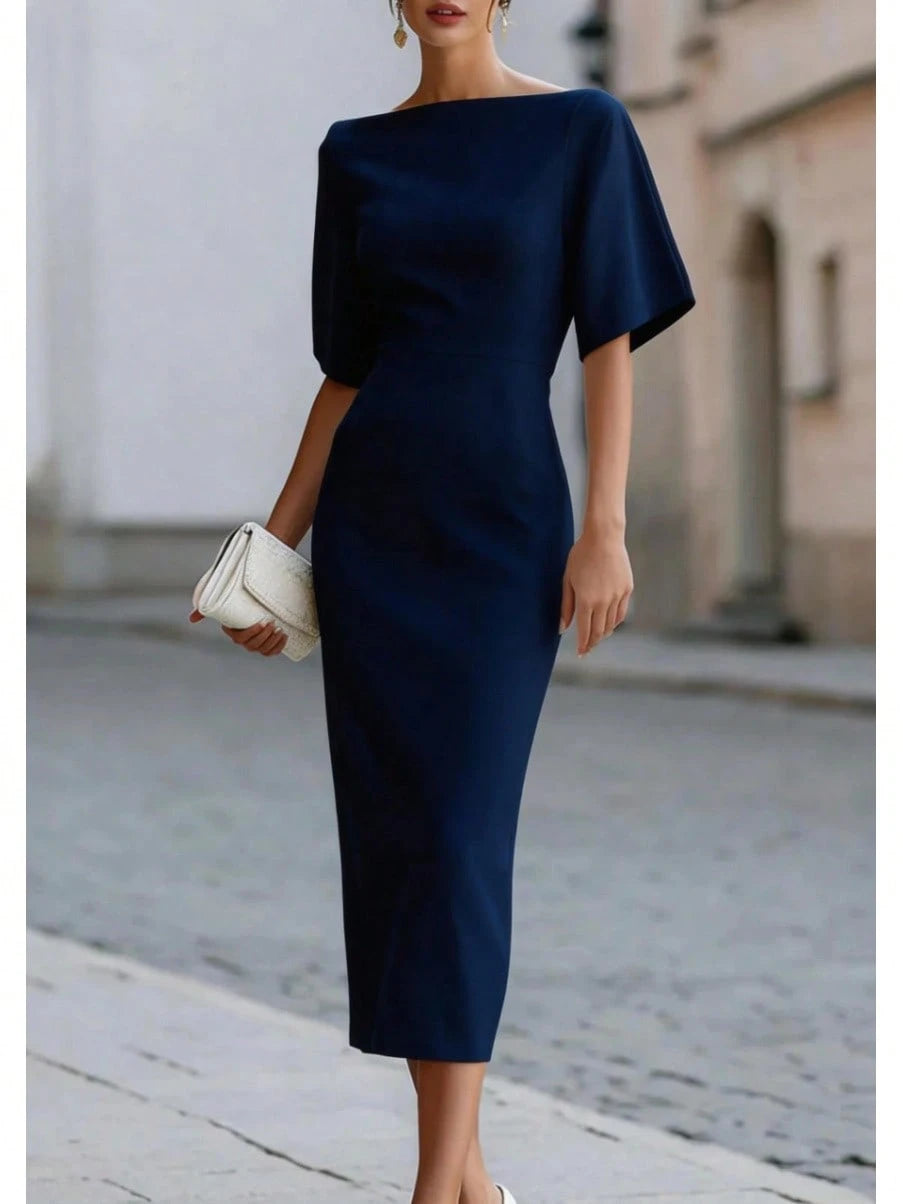 Women's Midi Dress, Boat Neck Short Sleeve Slim Fit Sheath Dress, Minimalist Elegant Office Commuter Wedding Guest Cocktail Evening Dress For Spring S