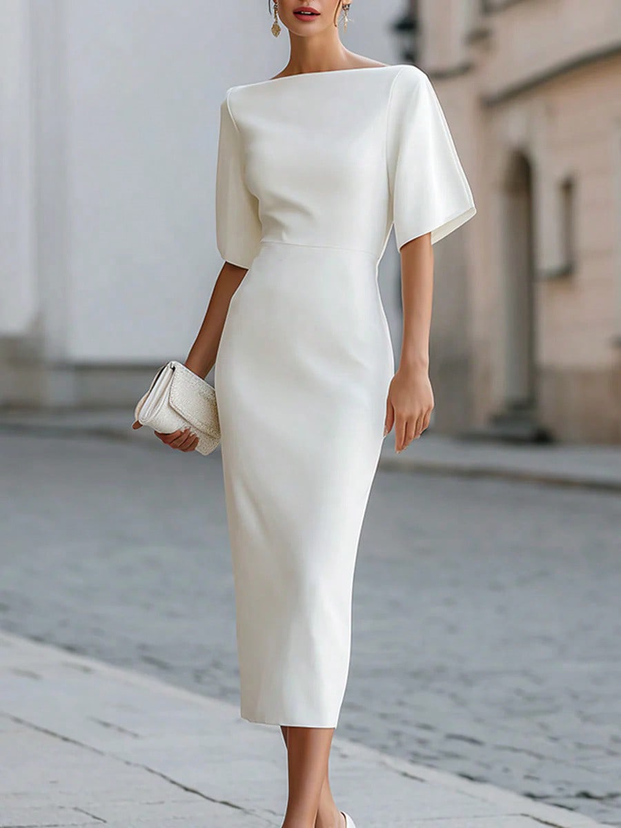Women's Midi Dress, Boat Neck Short Sleeve Slim Fit Sheath Dress, Minimalist Elegant Office Commuter Wedding Guest Cocktail Evening Dress For Spring S