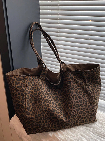 Women's Minimalist Versatile Leopard Print Fabric Multi-Pocket Tote Bag, College Style Large Capacity Student Back To School Vacation Handbag, Lightweight Casual Outdoor Travel Shopping Shoulder Bag