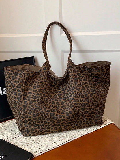 Women's Minimalist Versatile Leopard Print Fabric Multi-Pocket Tote Bag, College Style Large Capacity Student Back To School Vacation Handbag, Lightweight Casual Outdoor Travel Shopping Shoulder Bag