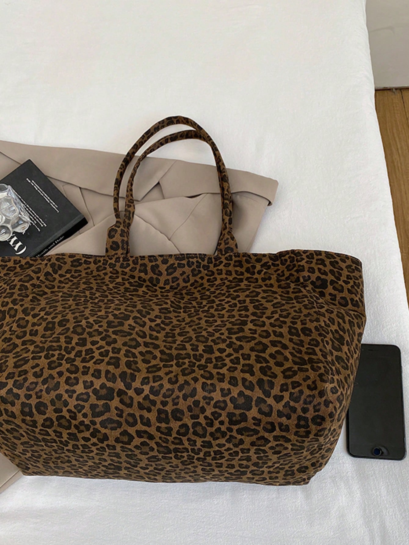 Women's Minimalist Versatile Leopard Print Fabric Multi-Pocket Tote Bag, College Style Large Capacity Student Back To School Vacation Handbag, Lightweight Casual Outdoor Travel Shopping Shoulder Bag