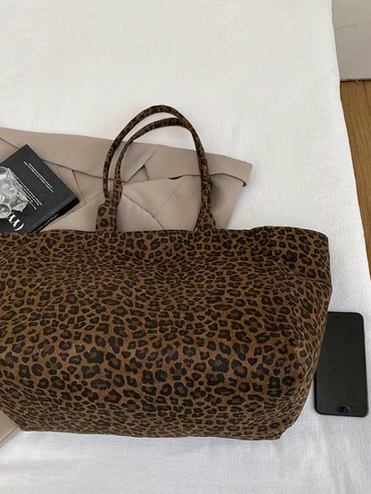 Women's Minimalist Versatile Leopard Print Fabric Multi-Pocket Tote Bag, College Style Large Capacity Student Back To School Vacation Handbag, Lightweight Casual Outdoor Travel Shopping Shoulder Bag
