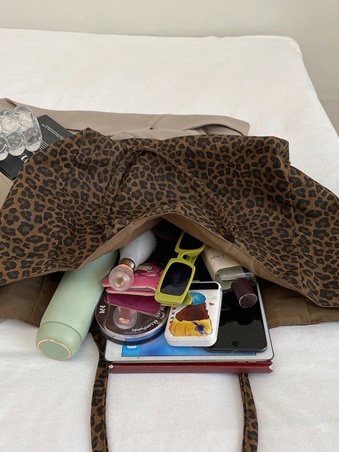 Women's Minimalist Versatile Leopard Print Fabric Multi-Pocket Tote Bag, College Style Large Capacity Student Back To School Vacation Handbag, Lightweight Casual Outdoor Travel Shopping Shoulder Bag
