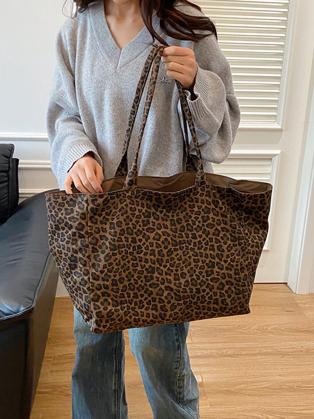 Women's Minimalist Versatile Leopard Print Fabric Multi-Pocket Tote Bag, College Style Large Capacity Student Back To School Vacation Handbag, Lightweight Casual Outdoor Travel Shopping Shoulder Bag