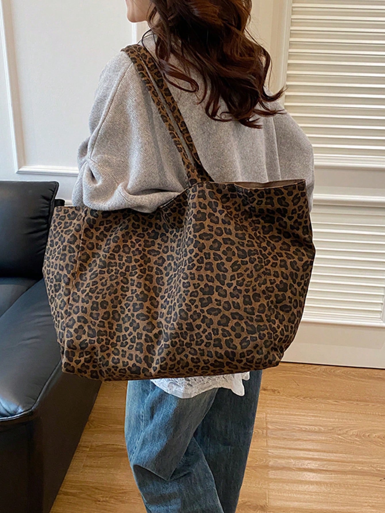 Women's Minimalist Versatile Leopard Print Fabric Multi-Pocket Tote Bag, College Style Large Capacity Student Back To School Vacation Handbag, Lightweight Casual Outdoor Travel Shopping Shoulder Bag