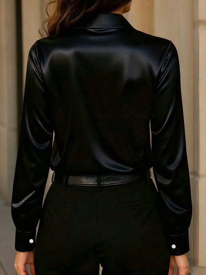 Women's New Arrival Satin Button-Down Shirt, Fashionable, Versatile, Suitable For All Seasons Black Spring