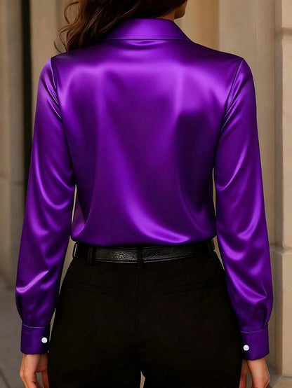 Women's New Arrival Satin Button-Down Shirt, Fashionable, Versatile, Suitable For All Seasons Black Spring