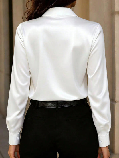 Women's New Arrival Satin Button-Down Shirt, Fashionable, Versatile, Suitable For All Seasons Black Spring