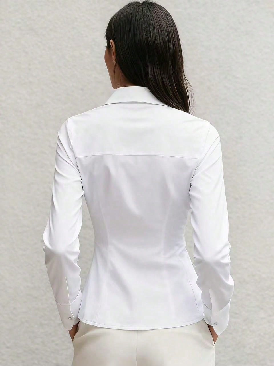 Women's New Bestselling Spring/Autumn Casual Blouse, Long Sleeve Shirt For Daily Commute And Office Wear, Features Pleated Waist Design To Accentuate Waistline And Body Curves White