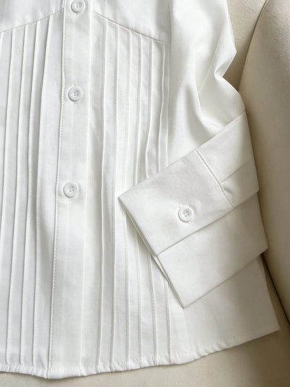 Women's New Bestselling Spring/Autumn Casual Blouse, Long Sleeve Shirt For Daily Commute And Office Wear, Features Pleated Waist Design To Accentuate Waistline And Body Curves White