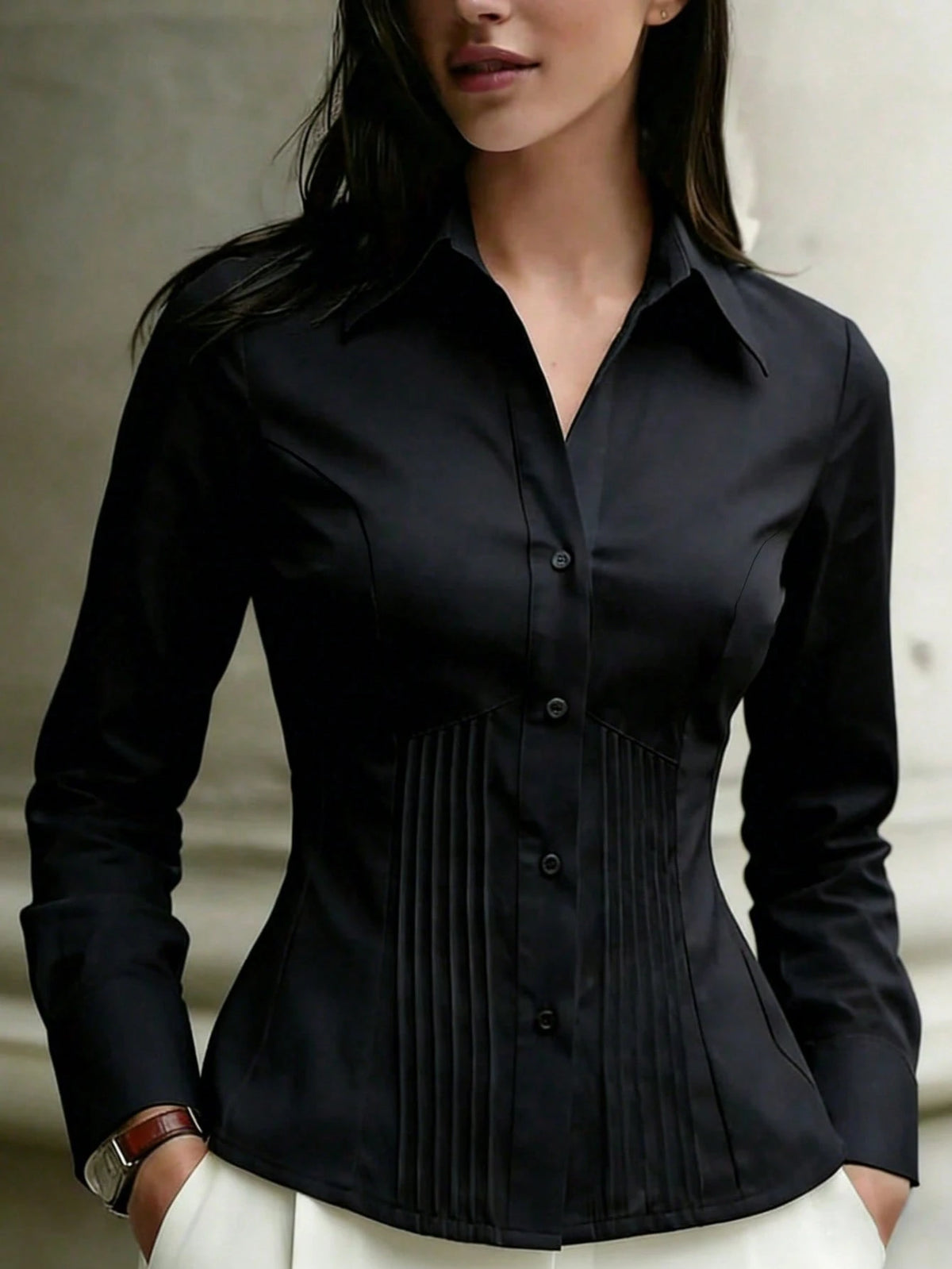 Women's New Bestselling Spring/Autumn Casual Blouse, Long Sleeve Shirt For Daily Commute And Office Wear, Features Pleated Waist Design To Accentuate Waistline And Body Curves White