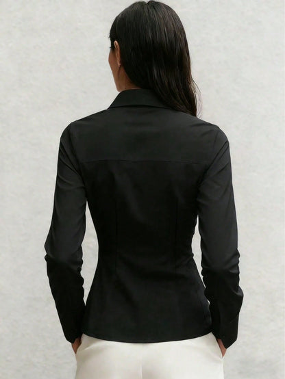 Women's New Bestselling Spring/Autumn Casual Blouse, Long Sleeve Shirt For Daily Commute And Office Wear, Features Pleated Waist Design To Accentuate Waistline And Body Curves White