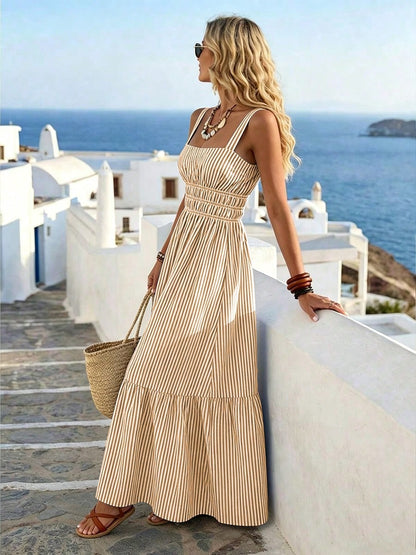 Women's New Fashion Casual Wide Collar Thick Strap Cinched Waist Retro Striped A-Line Long Dress Elegant Summer, Aesthetic