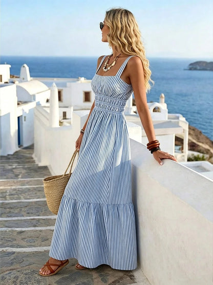 Women's New Fashion Casual Wide Collar Thick Strap Cinched Waist Retro Striped A-Line Long Dress Elegant Summer, Aesthetic