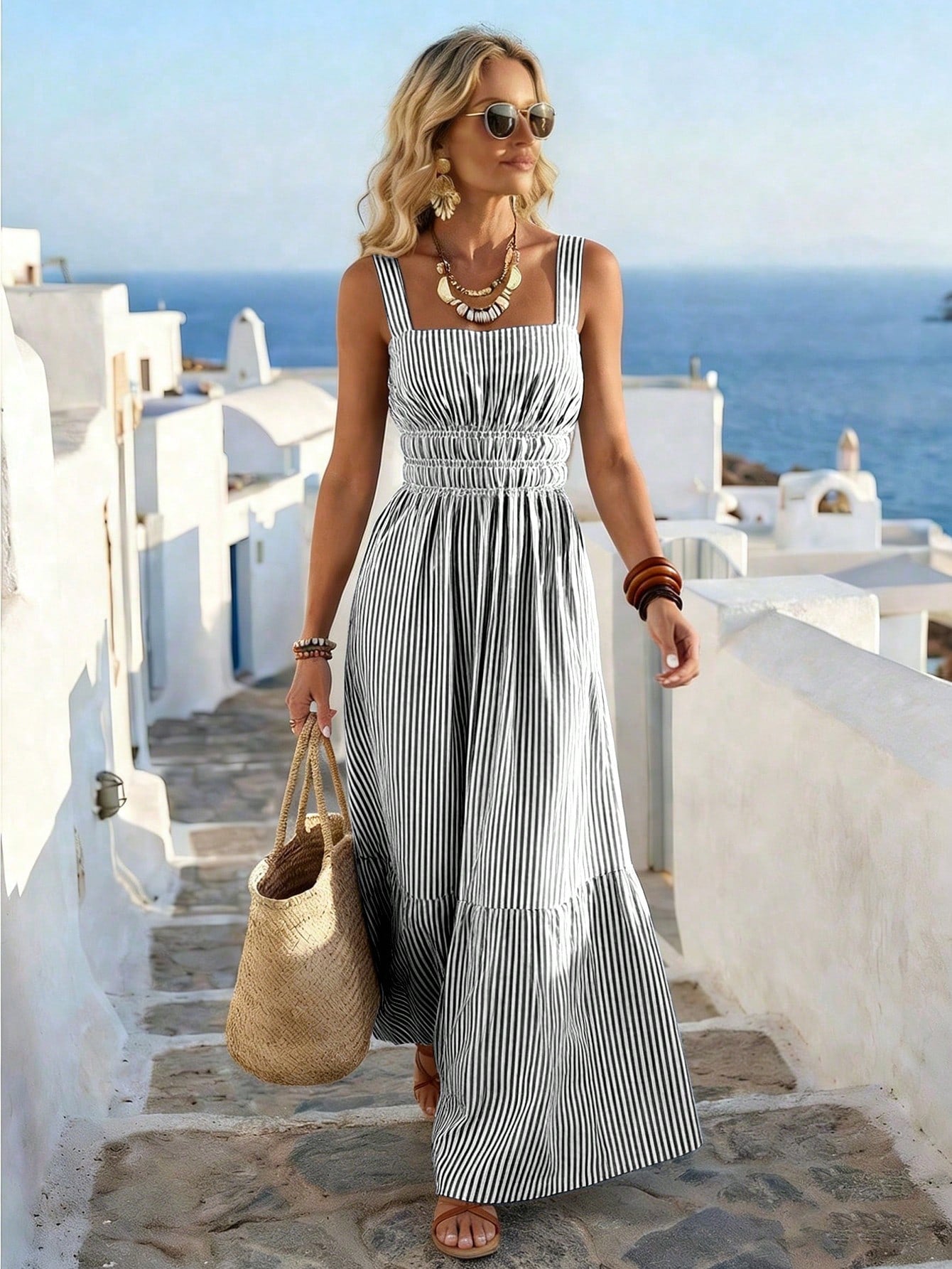 Women's New Fashion Casual Wide Collar Thick Strap Cinched Waist Retro Striped A-Line Long Dress Elegant Summer, Aesthetic